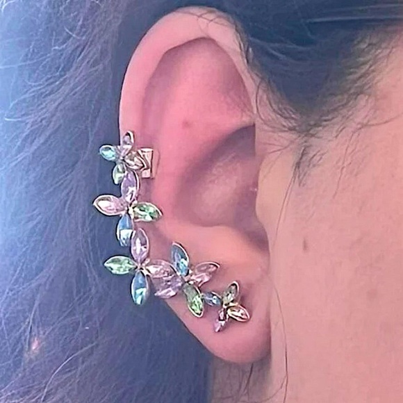 Gold Multicolor Flower Ear Cuff Climber Earring - Picture 6 of 6